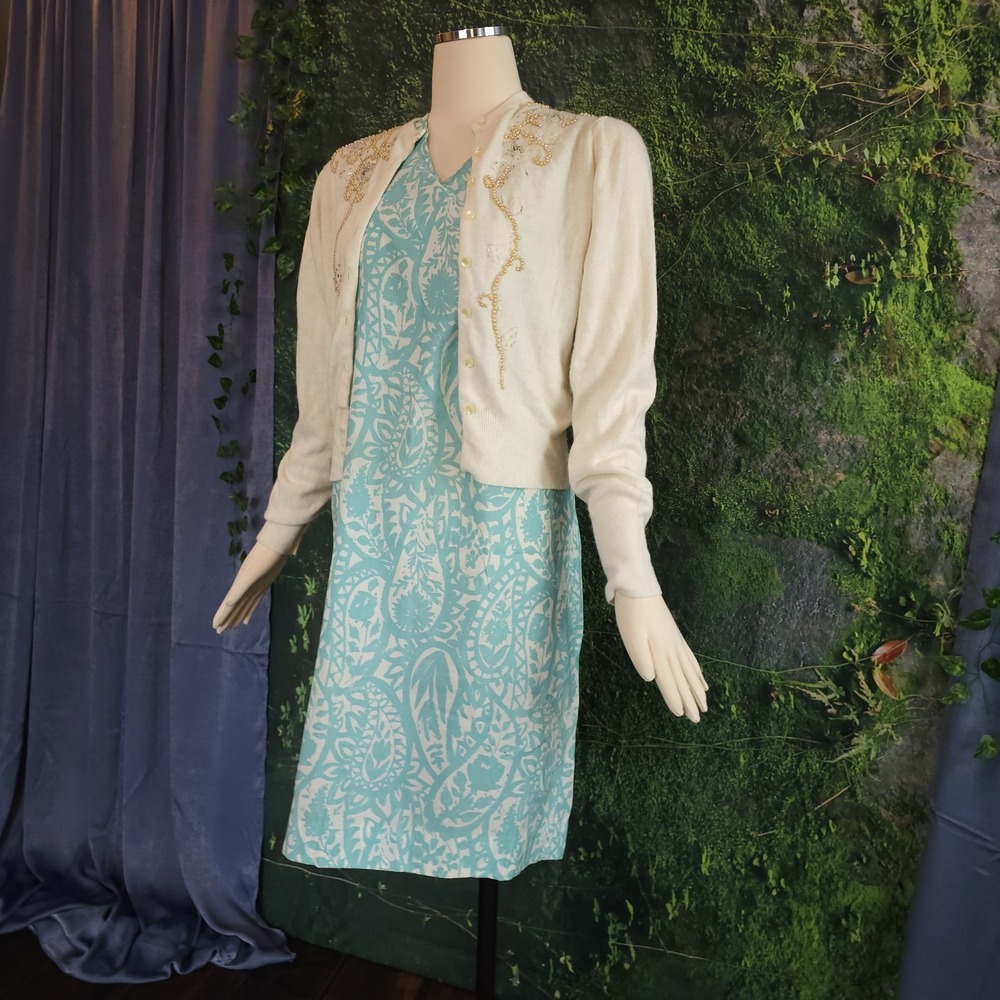 Vintage 1960's Cardigan Sweater Cream Beaded Susan Scott Originals Pinup - Picture 4 of 15